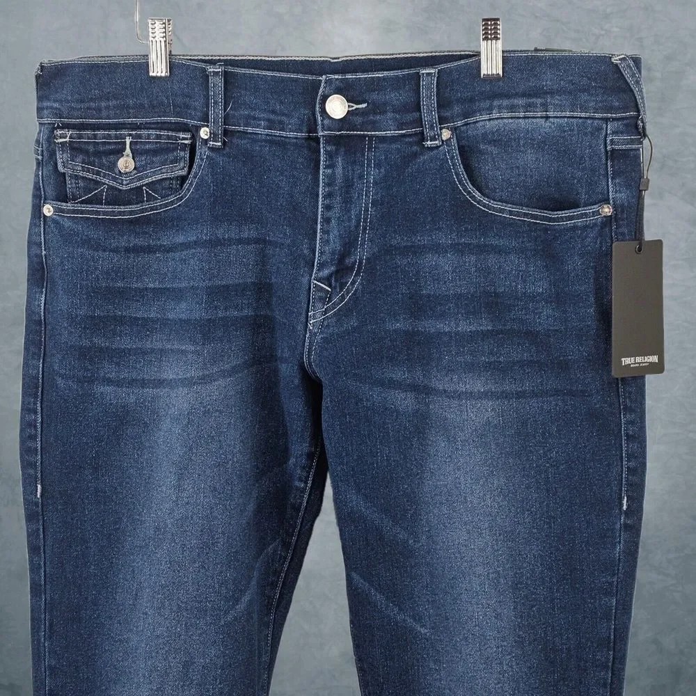 NWT True Religion Jeans Mens Size 36 Ricky Flap SN Relaxed Straight‎ Blue Denim